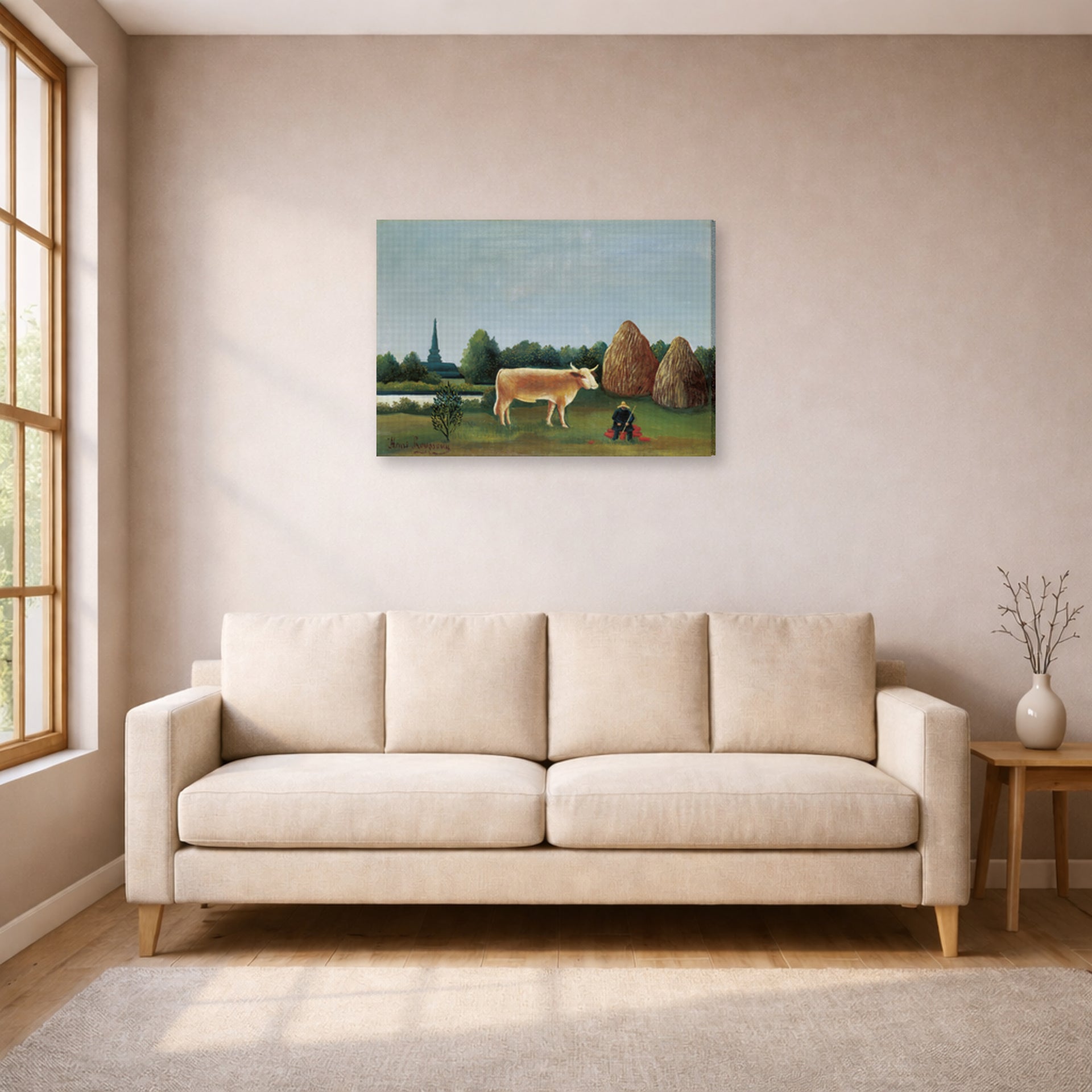 Gallery-wrapped canvas print of Henri Rousseau's Scene in Bagneux on the Outskirts of Paris displayed on a wall in a living room