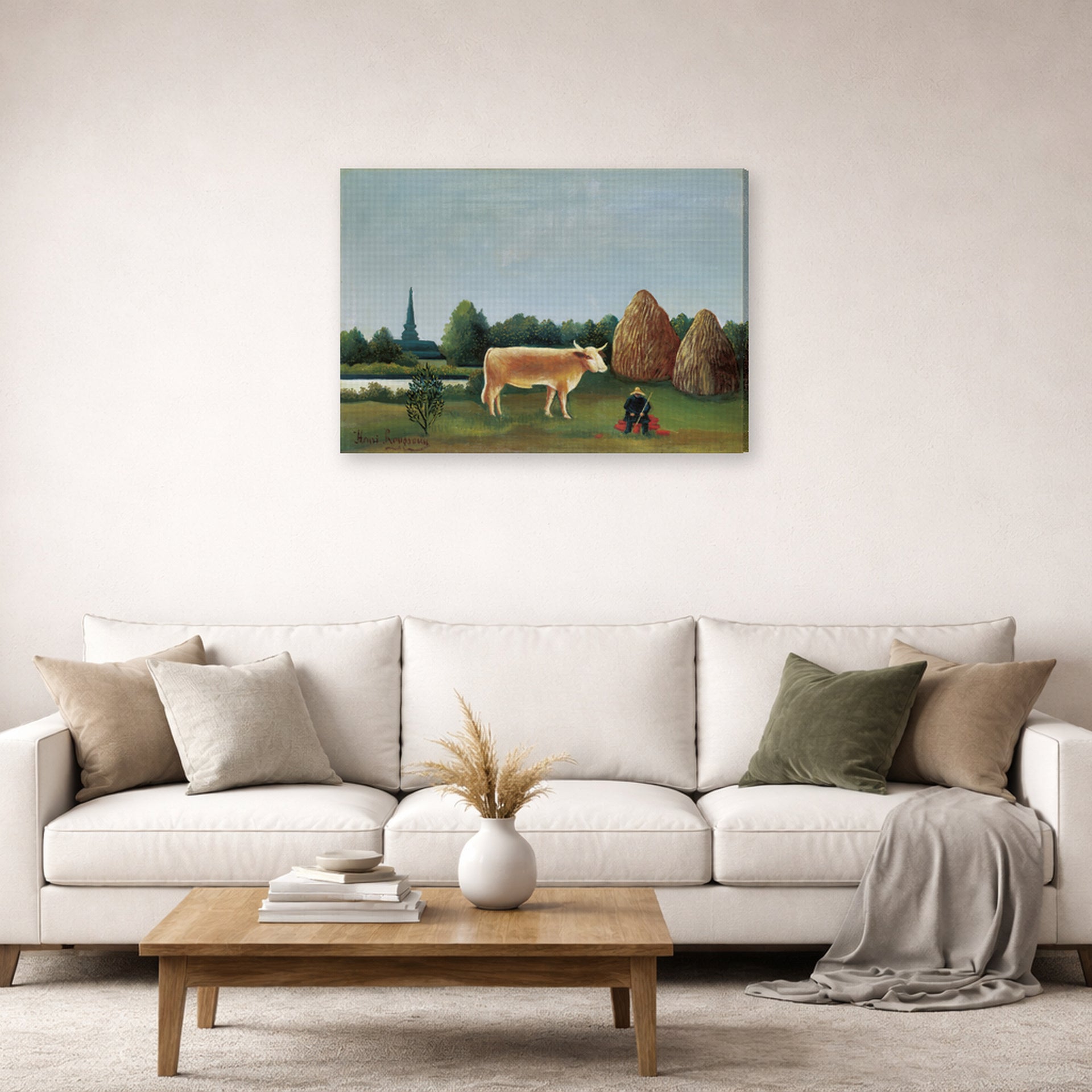 Gallery-wrapped canvas print of Henri Rousseau's Scene in Bagneux on the Outskirts of Paris displayed on a wall in a living room