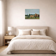 Unframed poster print of Henri Rousseau's Scene in Bagneux on the Outskirts of Paris displayed on a wall in a bedroom