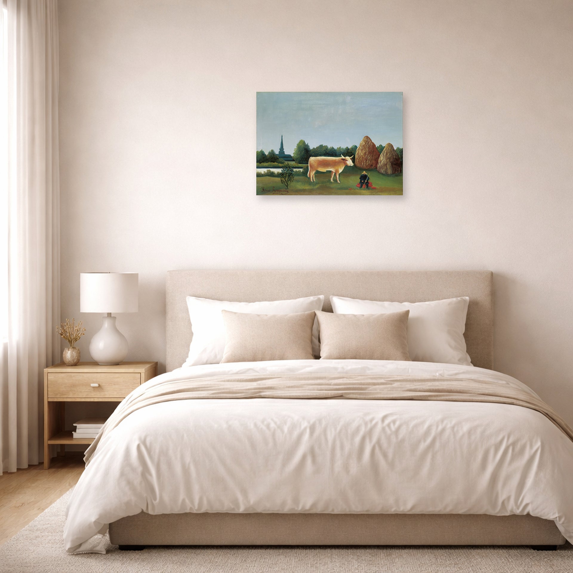 Unframed poster print of Henri Rousseau's Scene in Bagneux on the Outskirts of Paris displayed on a wall in a bedroom
