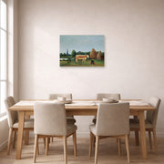 Unframed poster print of Henri Rousseau's Scene in Bagneux on the Outskirts of Paris displayed on a wall in a dining room