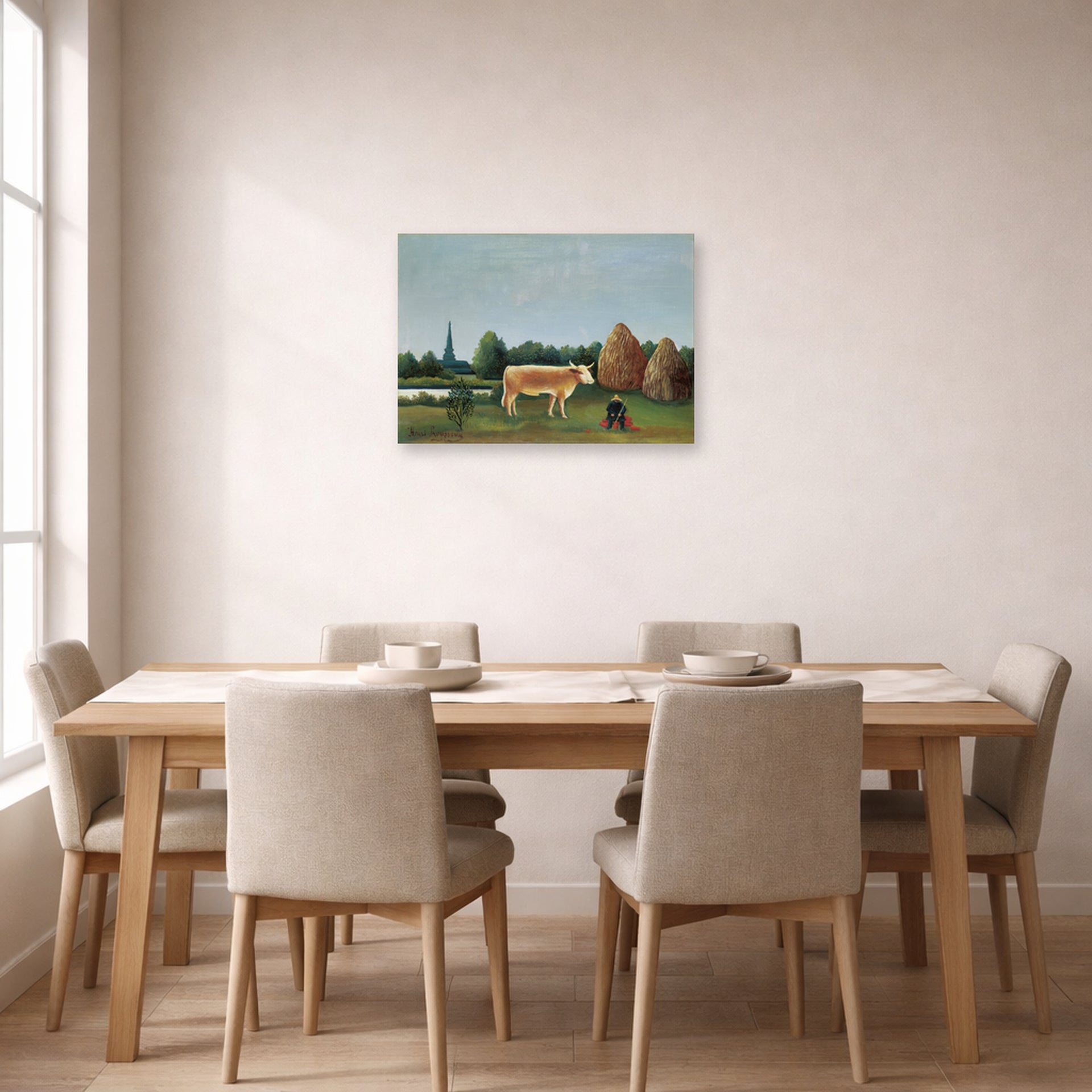 Unframed poster print of Henri Rousseau's Scene in Bagneux on the Outskirts of Paris displayed on a wall in a dining room