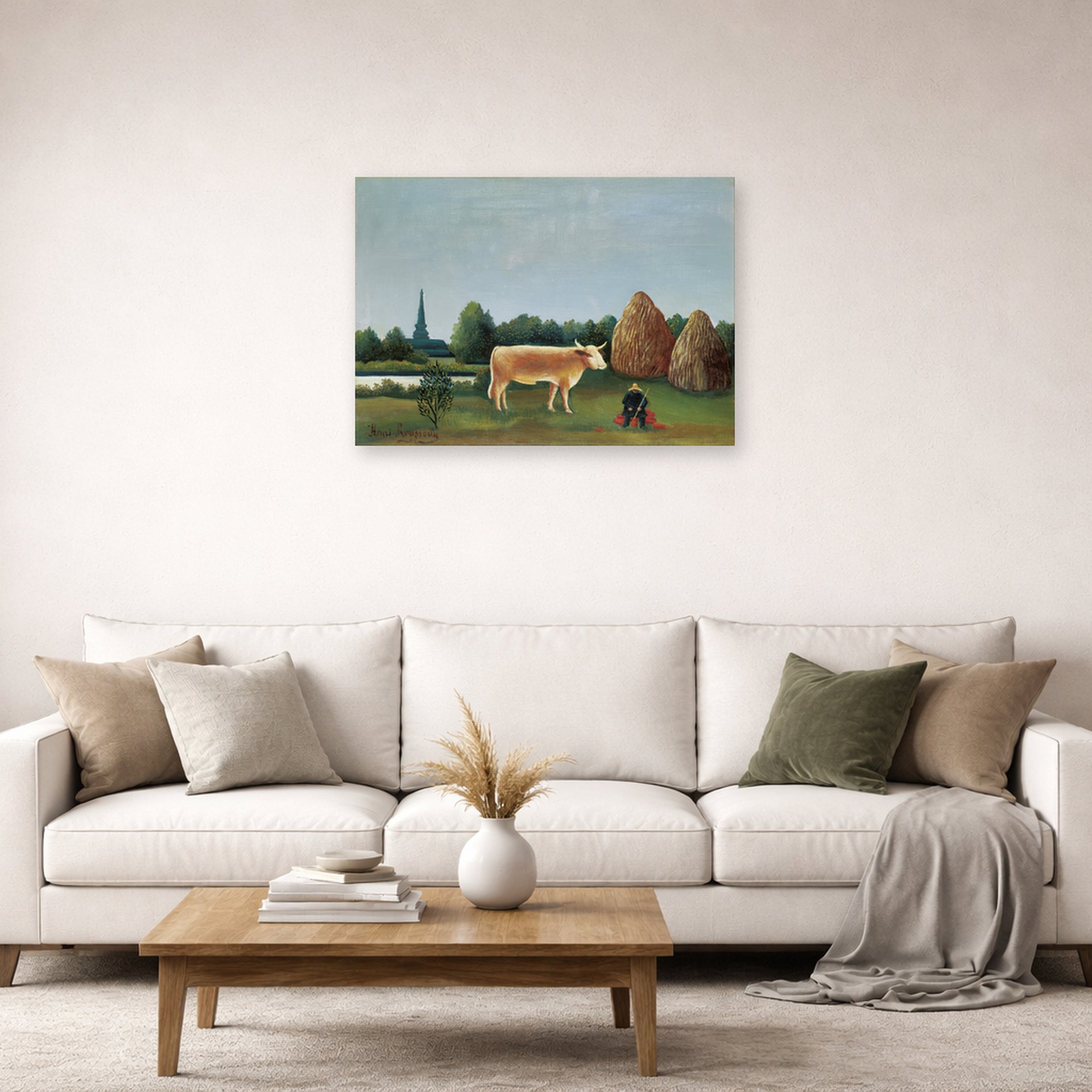 Unframed poster print of Henri Rousseau's Scene in Bagneux on the Outskirts of Paris displayed on a wall in a living room