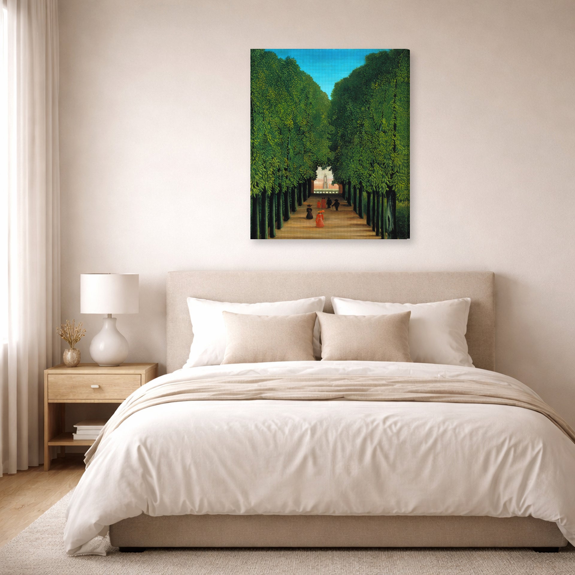 Gallery-wrapped canvas print of Henri Rousseau's The Avenue in the Park at Saint Cloud displayed on a wall in a bedroom