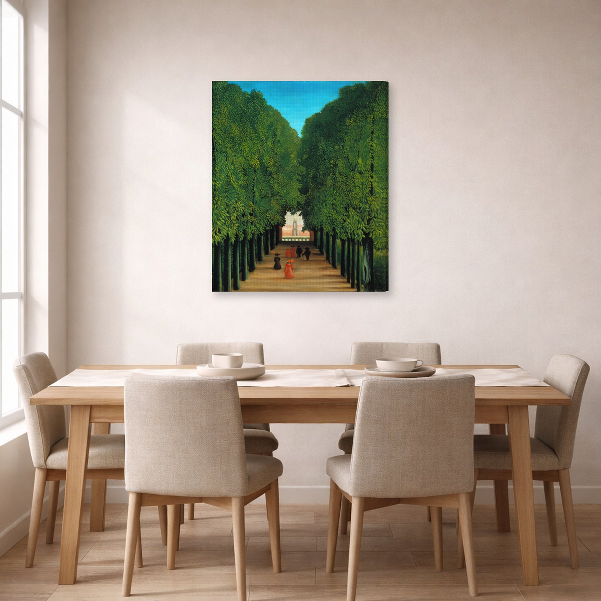 Gallery-wrapped canvas print of Henri Rousseau's The Avenue in the Park at Saint Cloud displayed on a wall in a dining room