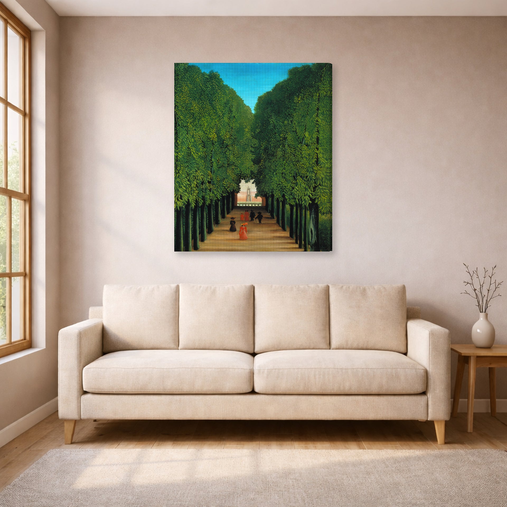 Gallery-wrapped canvas print of Henri Rousseau's The Avenue in the Park at Saint Cloud displayed on a wall in a living room