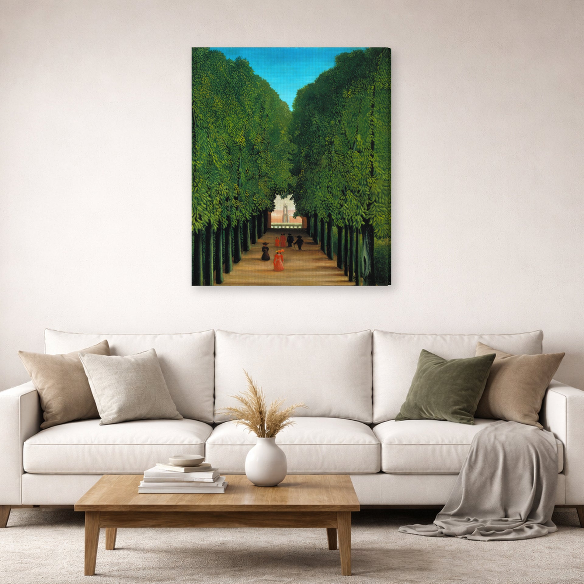 Gallery-wrapped canvas print of Henri Rousseau's The Avenue in the Park at Saint Cloud displayed on a wall in a living room