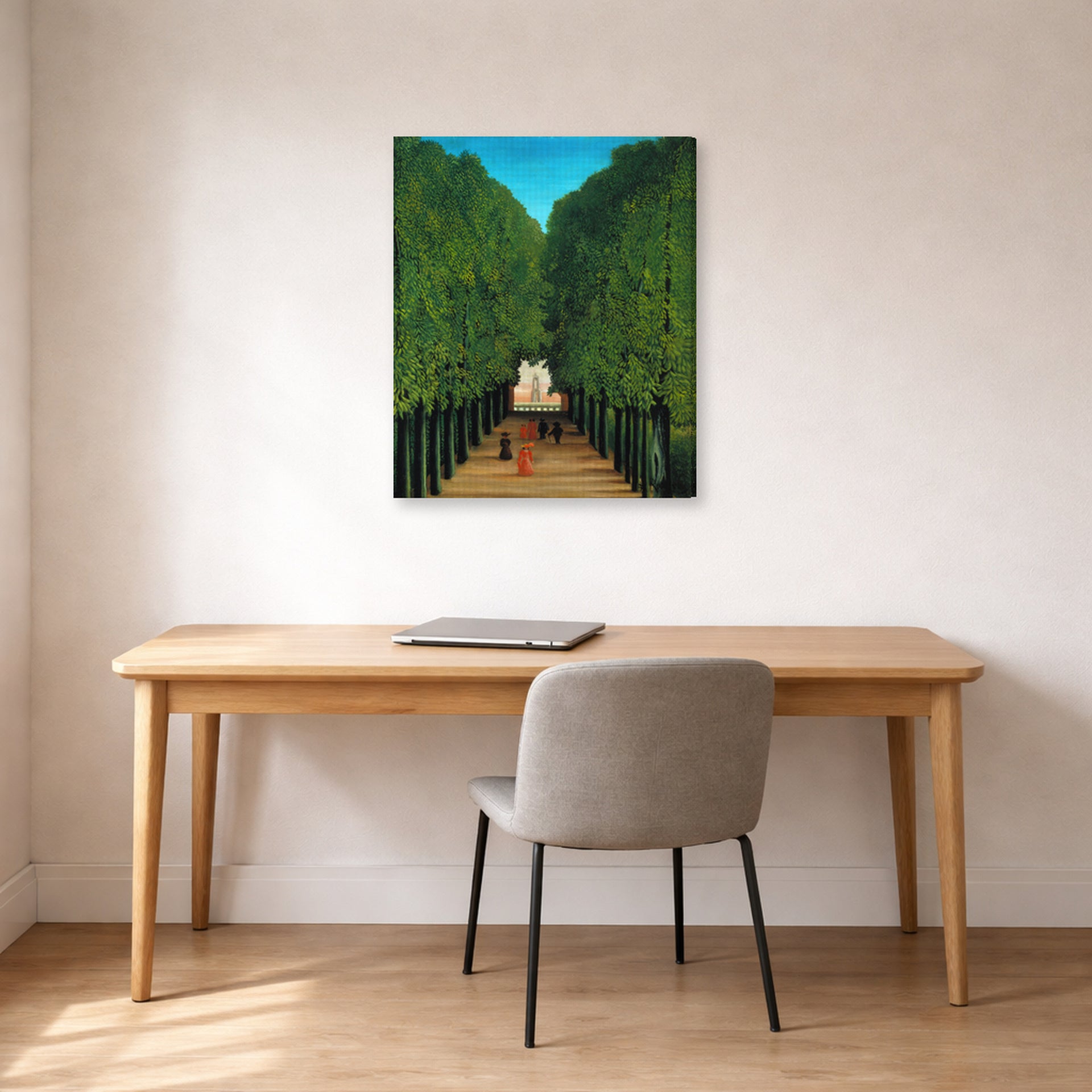 Gallery-wrapped canvas print of Henri Rousseau's The Avenue in the Park at Saint Cloud displayed on a wall in a home office