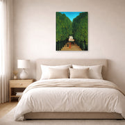 Unframed poster print of Henri Rousseau's The Avenue in the Park at Saint Cloud displayed on a wall in a bedroom