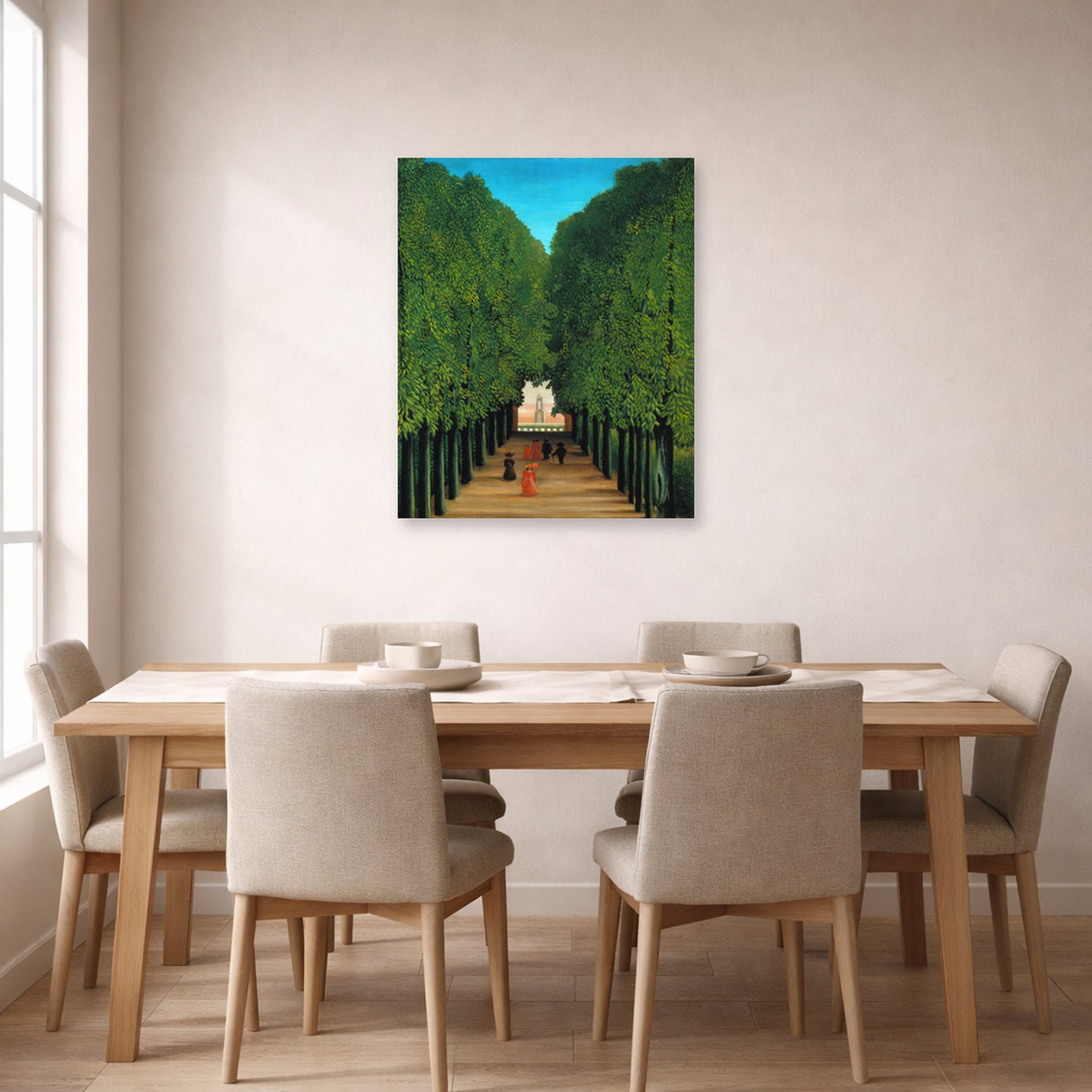 Unframed poster print of Henri Rousseau's The Avenue in the Park at Saint Cloud displayed on a wall in a dining room