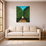 Unframed poster print of Henri Rousseau's The Avenue in the Park at Saint Cloud displayed on a wall in a living room