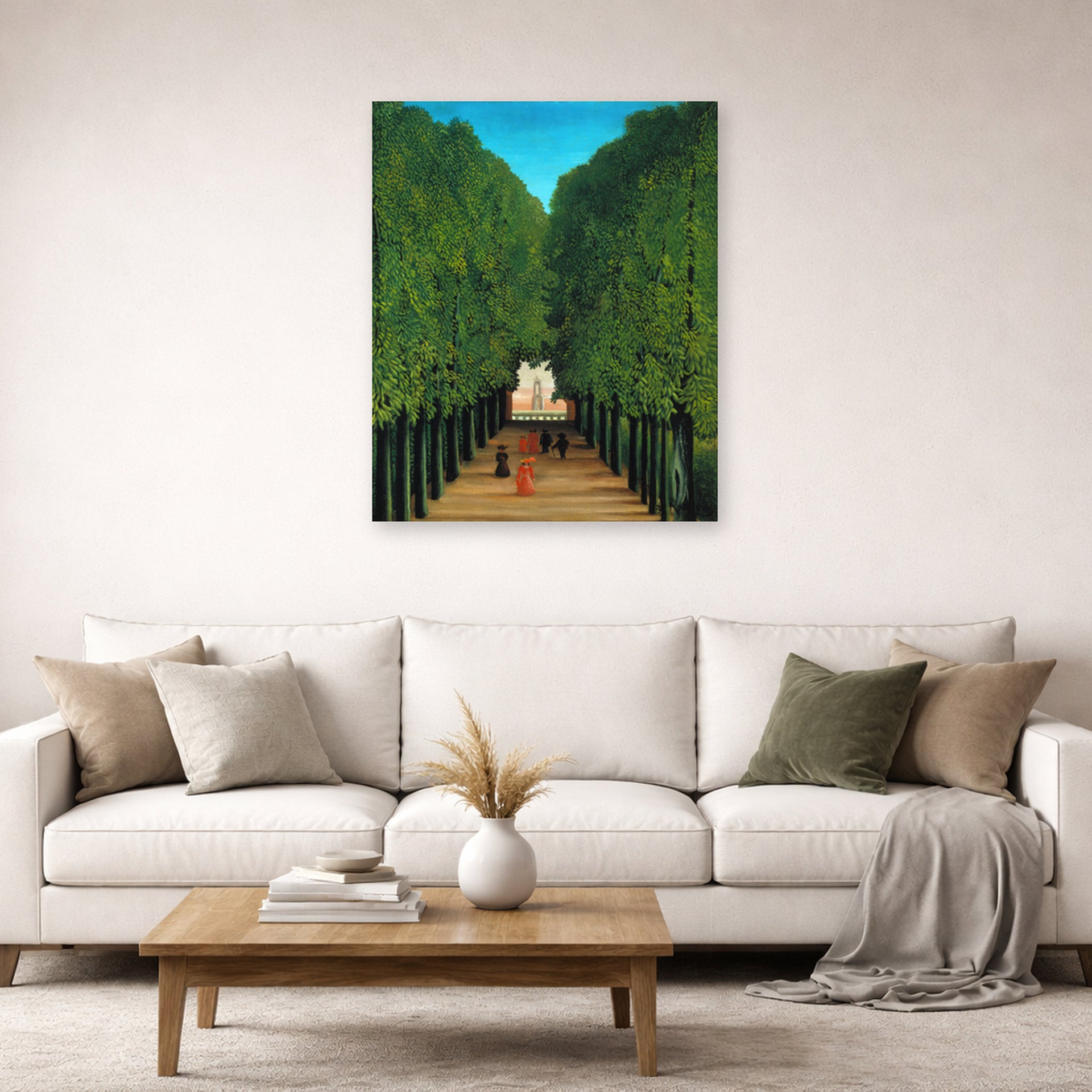 Unframed poster print of Henri Rousseau's The Avenue in the Park at Saint Cloud displayed on a wall in a living room