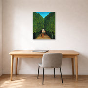 Unframed poster print of Henri Rousseau's The Avenue in the Park at Saint Cloud displayed on a wall in a home office