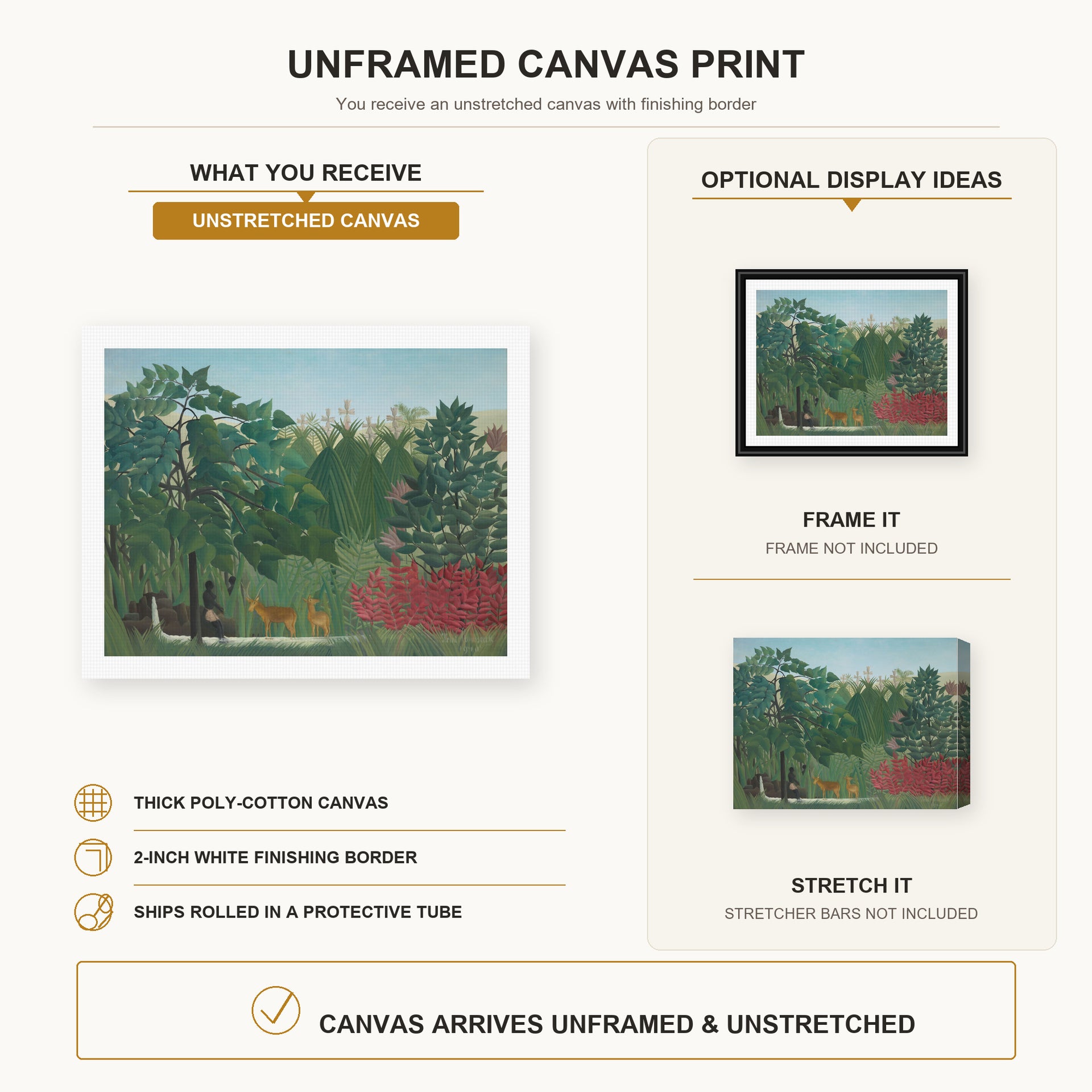 Henri Rousseau - The Waterfall canvas print size comparison and framing display infographic