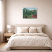 Gallery-wrapped canvas print of Henri Rousseau's The Waterfall displayed on a wall in a bedroom