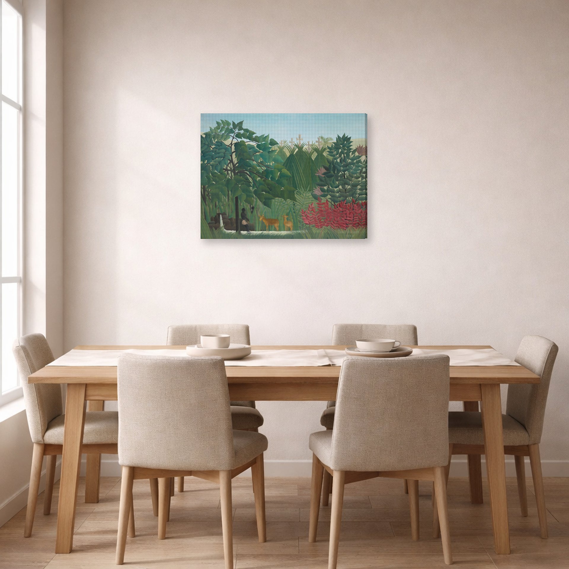 Gallery-wrapped canvas print of Henri Rousseau's The Waterfall displayed on a wall in a dining room