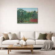 Gallery-wrapped canvas print of Henri Rousseau's The Waterfall displayed on a wall in a living room