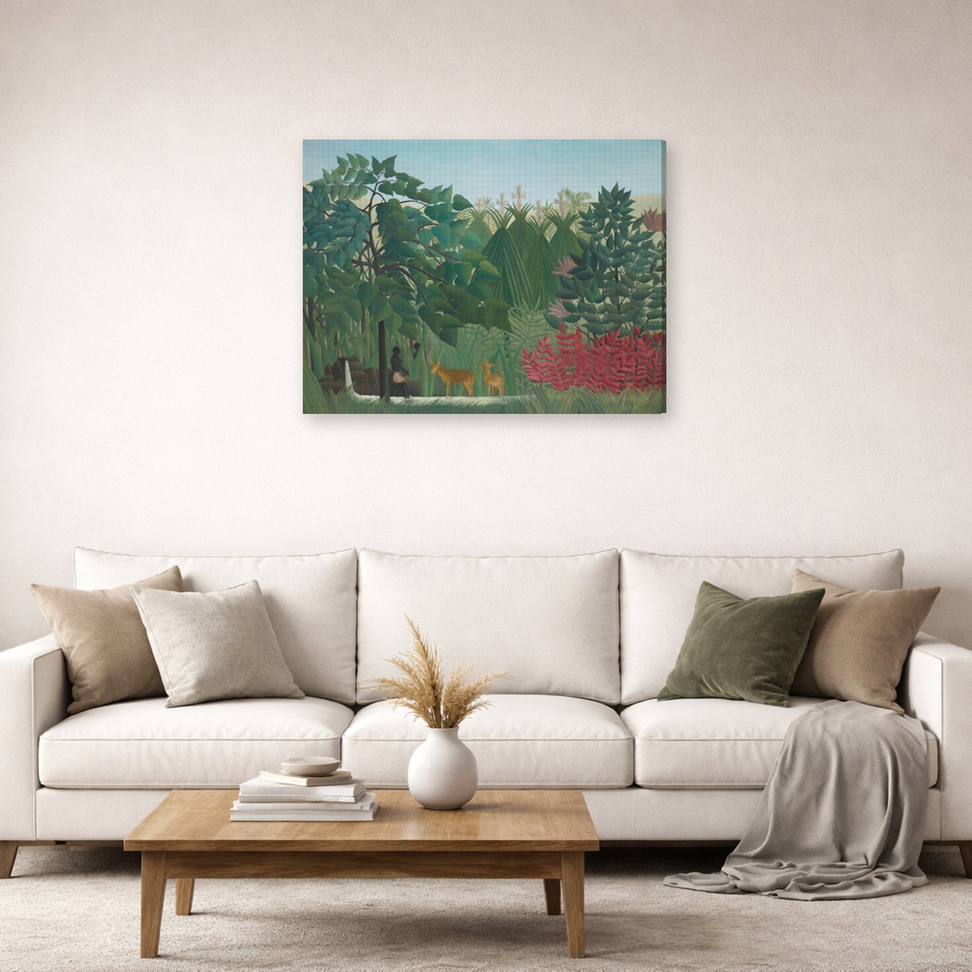 Gallery-wrapped canvas print of Henri Rousseau's The Waterfall displayed on a wall in a living room