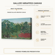 Henri Rousseau - The Waterfall gallery wrap canvas construction and hanging details infographic