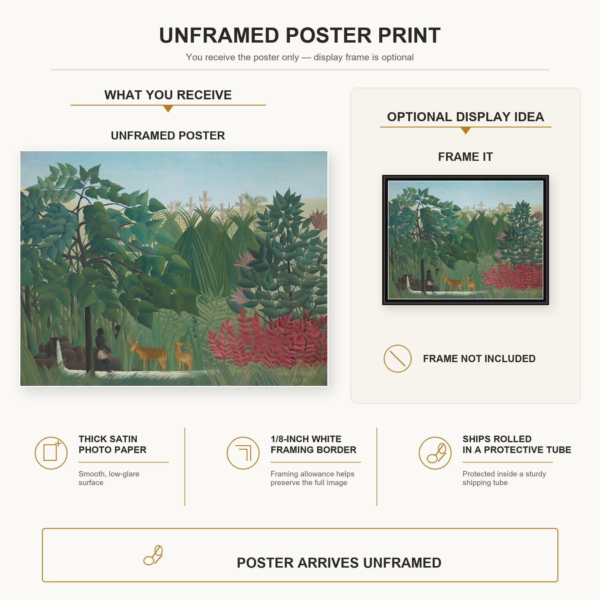 Henri Rousseau - The Waterfall poster print size comparison and framing display infographic