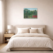 Unframed poster print of Henri Rousseau's The Waterfall displayed on a wall in a bedroom