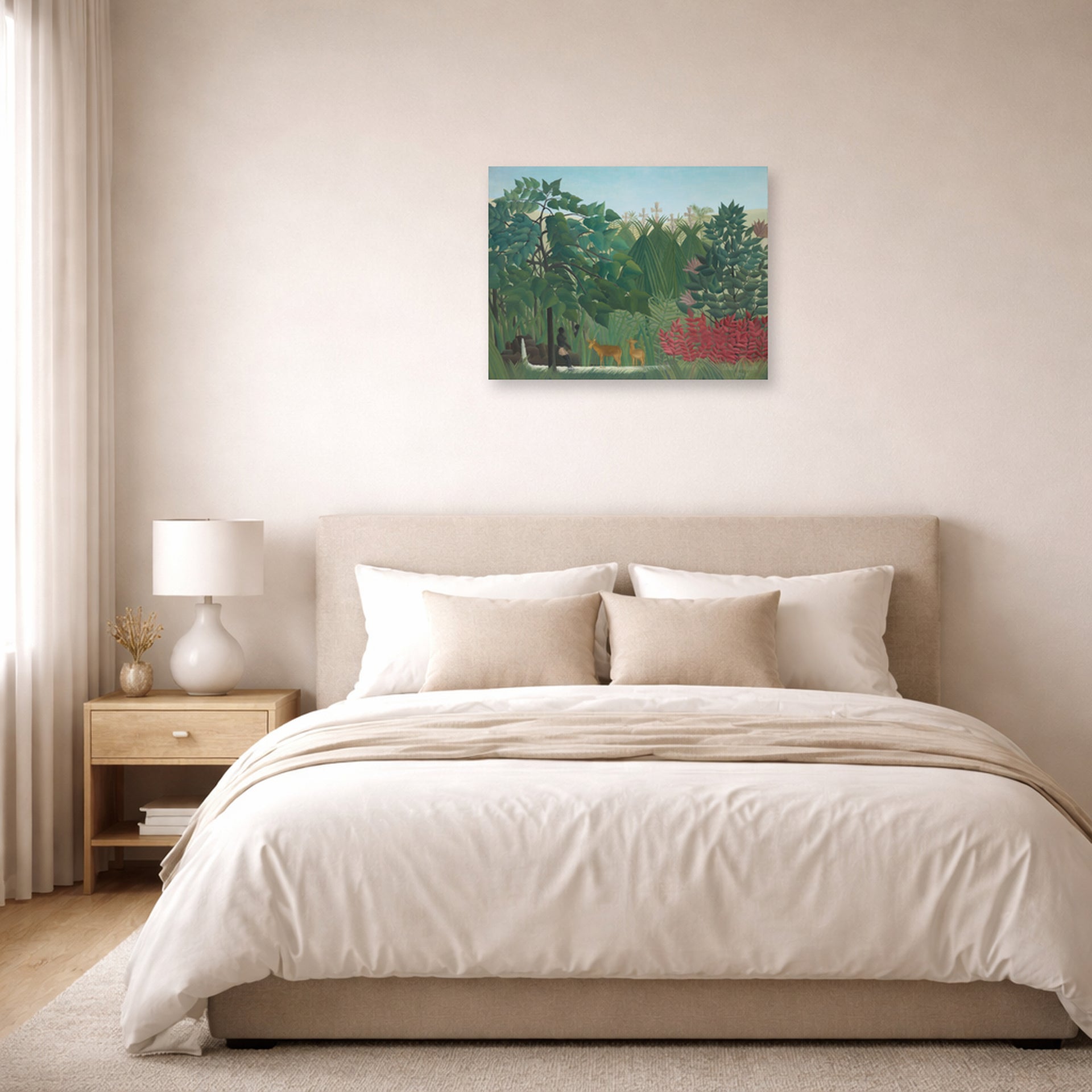 Unframed poster print of Henri Rousseau's The Waterfall displayed on a wall in a bedroom