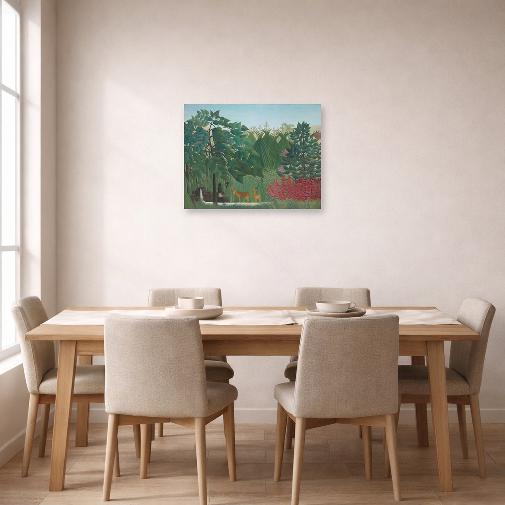Unframed poster print of Henri Rousseau's The Waterfall displayed on a wall in a dining room