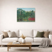 Unframed poster print of Henri Rousseau's The Waterfall displayed on a wall in a living room
