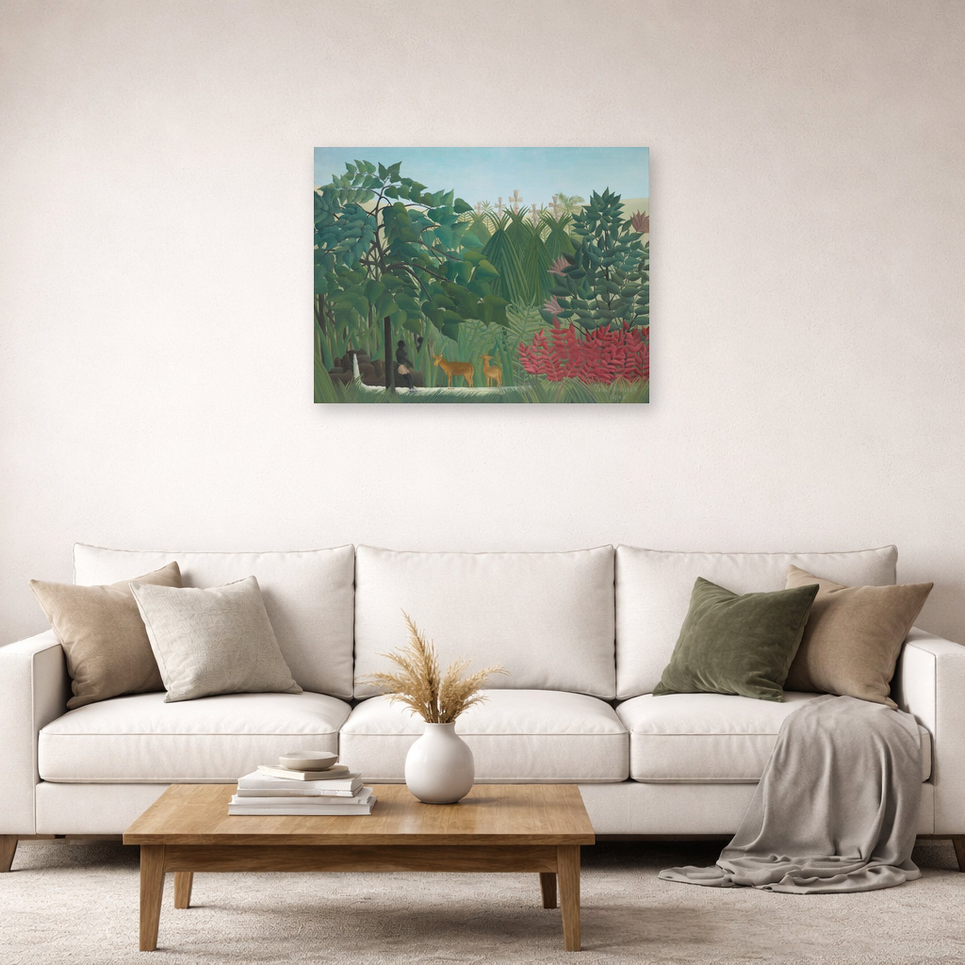 Unframed poster print of Henri Rousseau's The Waterfall displayed on a wall in a living room