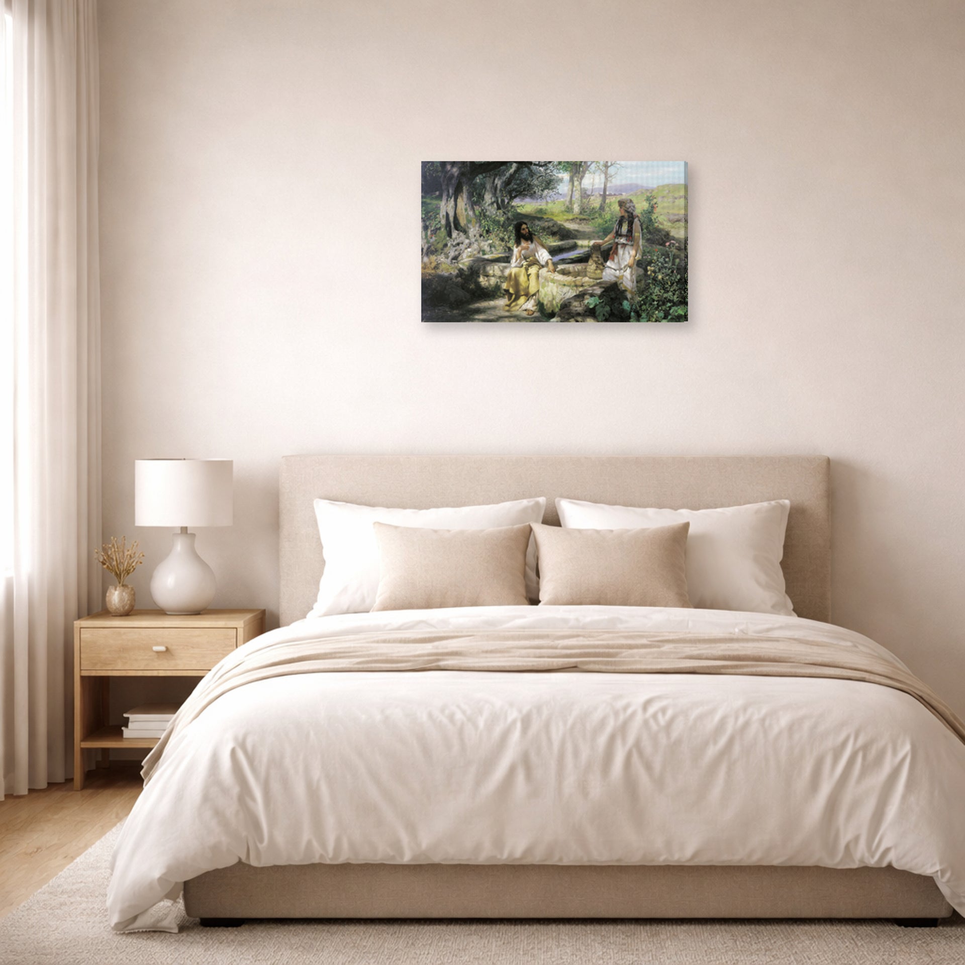 Gallery-wrapped canvas print of Henryk Siemiradzki's Christ and the Samaritan Woman displayed on a wall in a bedroom