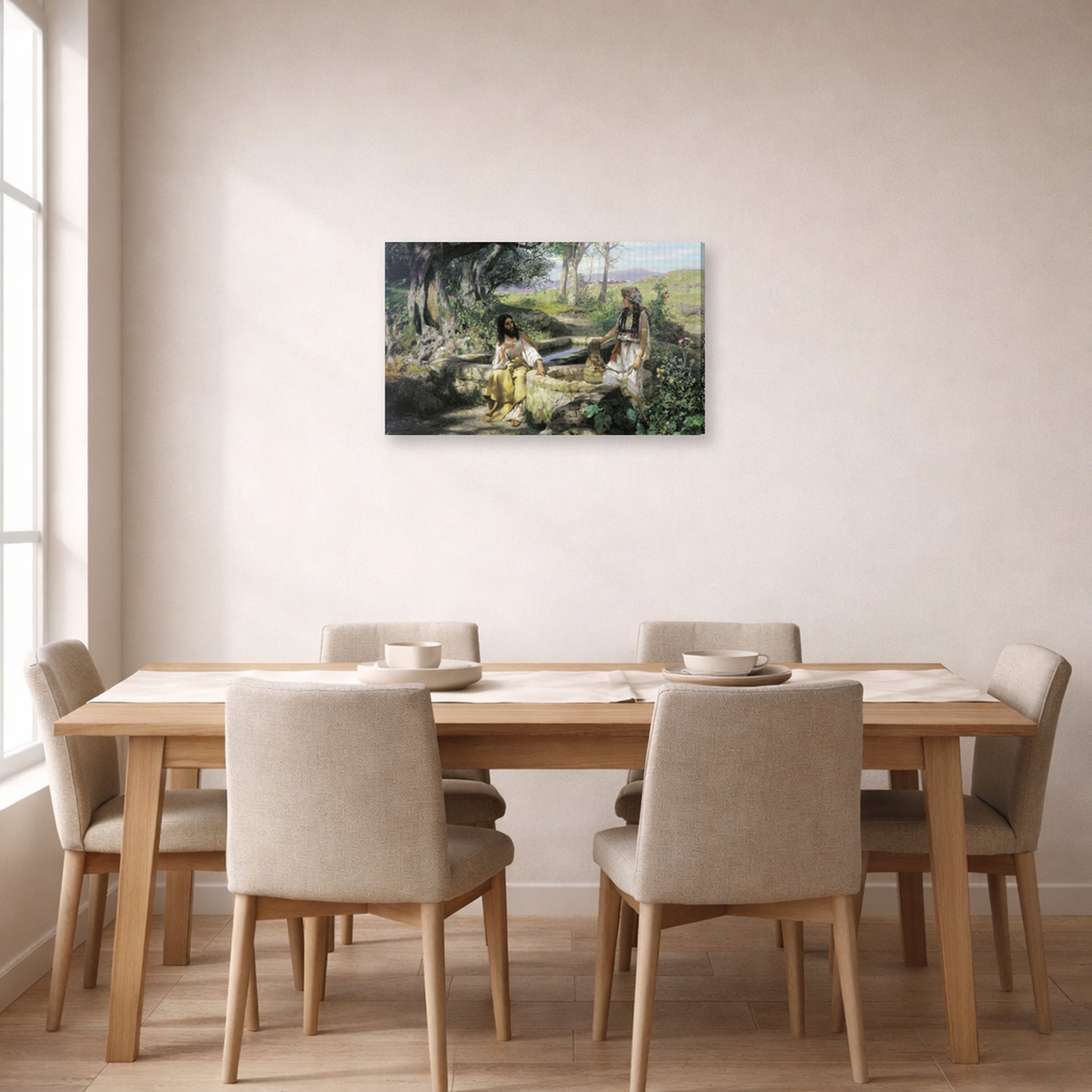 Gallery-wrapped canvas print of Henryk Siemiradzki's Christ and the Samaritan Woman displayed on a wall in a dining room