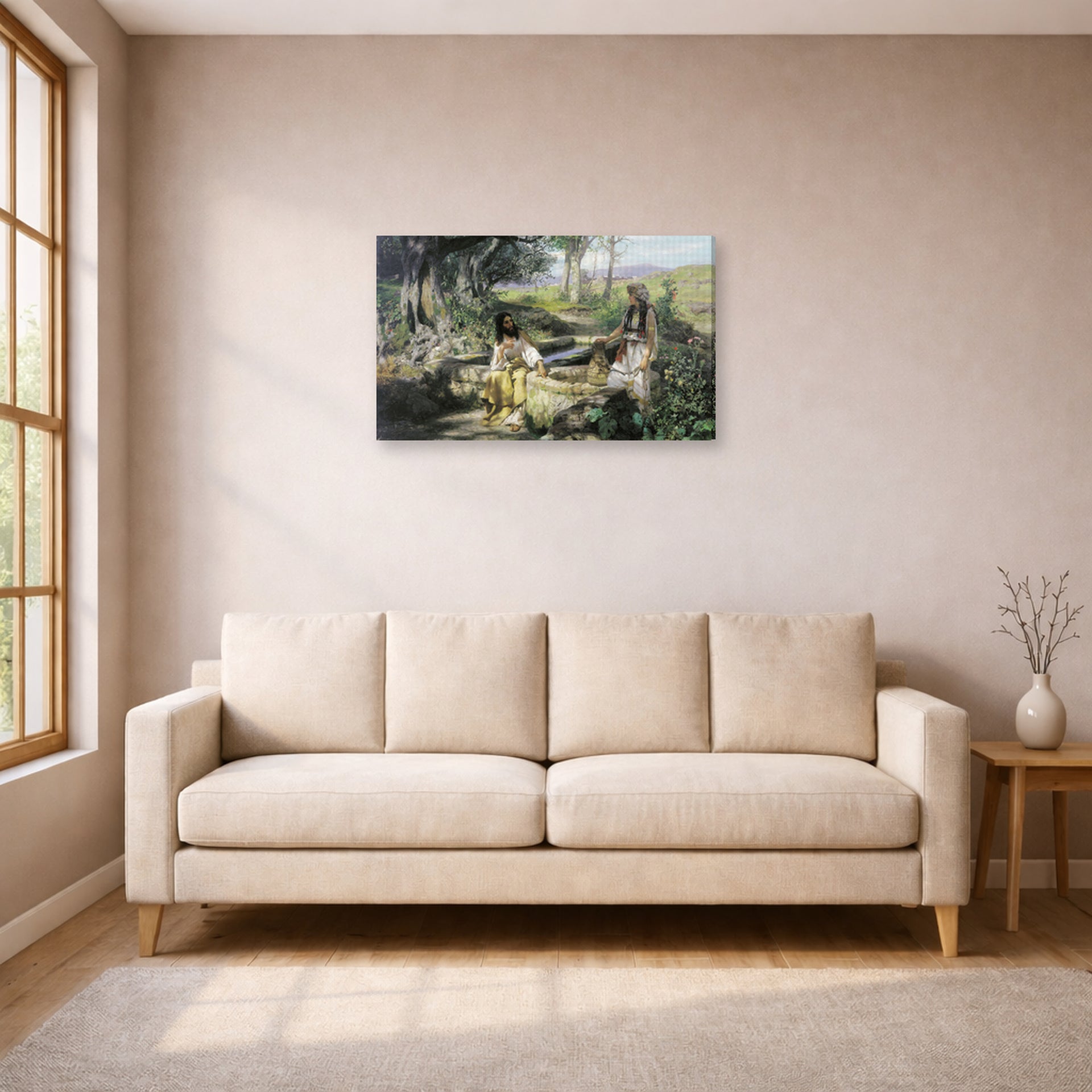 Gallery-wrapped canvas print of Henryk Siemiradzki's Christ and the Samaritan Woman displayed on a wall in a living room