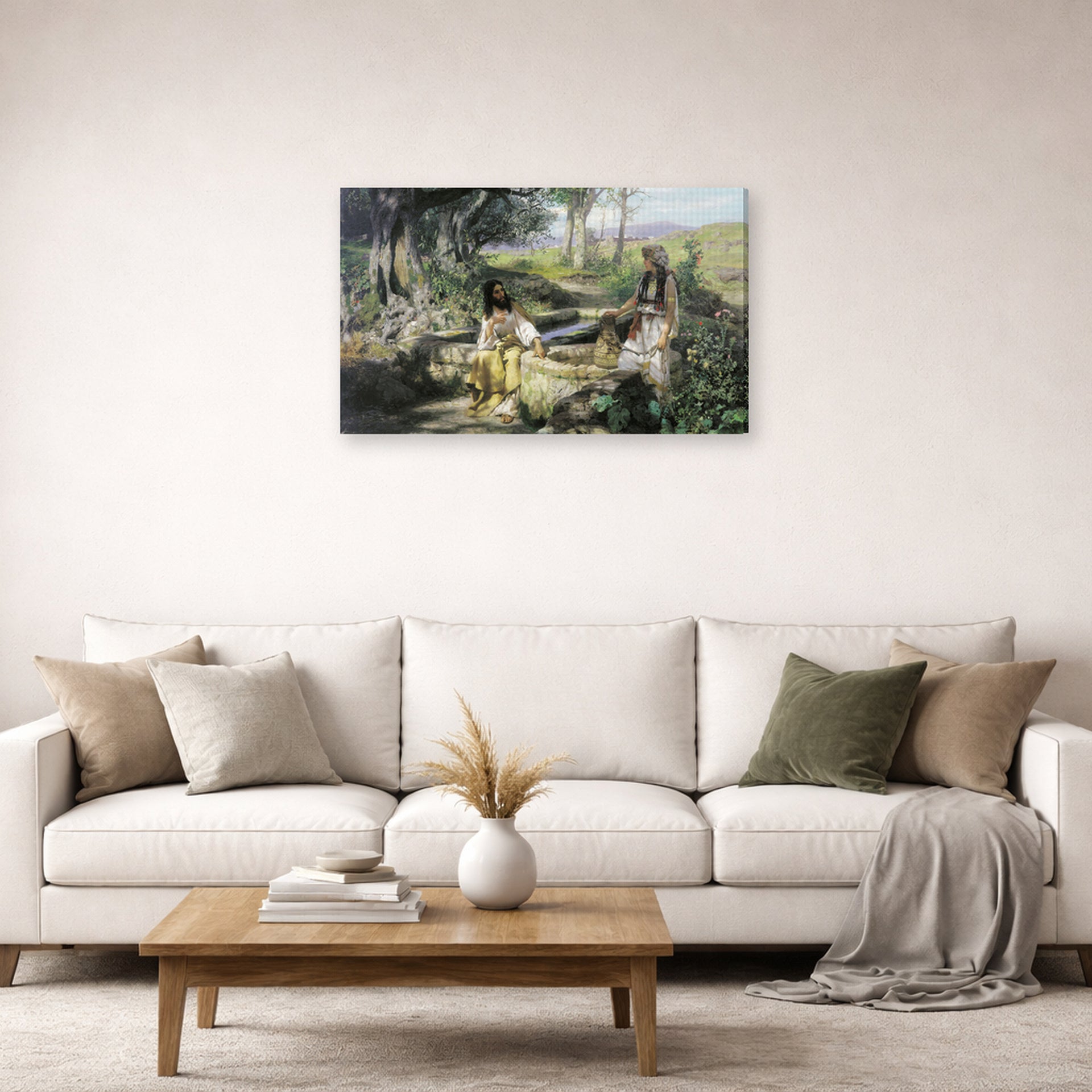 Gallery-wrapped canvas print of Henryk Siemiradzki's Christ and the Samaritan Woman displayed on a wall in a living room