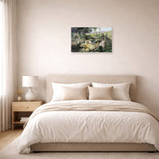 Unframed poster print of Henryk Siemiradzki's Christ and the Samaritan Woman displayed on a wall in a bedroom