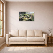 Unframed poster print of Henryk Siemiradzki's Christ and the Samaritan Woman displayed on a wall in a living room