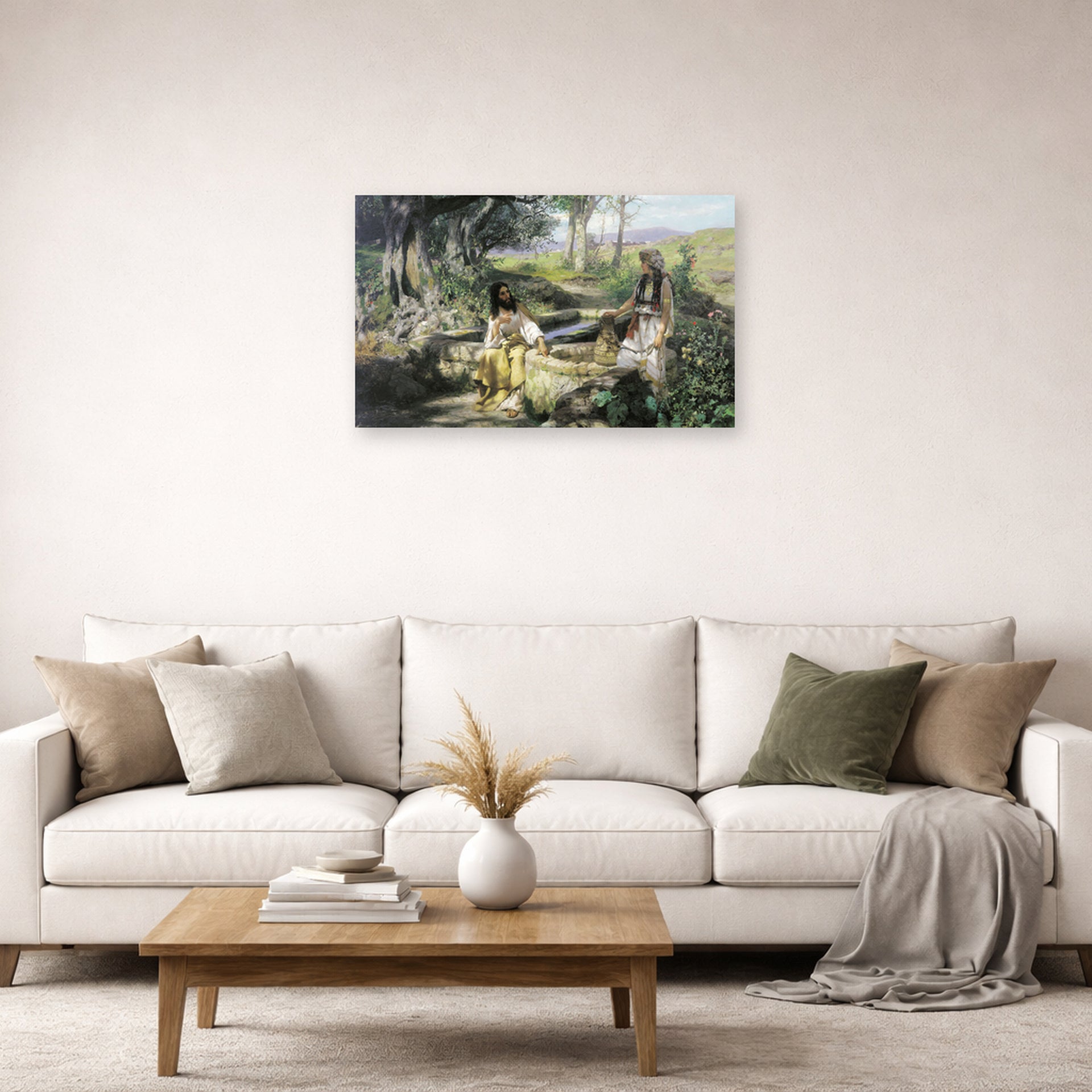 Unframed poster print of Henryk Siemiradzki's Christ and the Samaritan Woman displayed on a wall in a living room