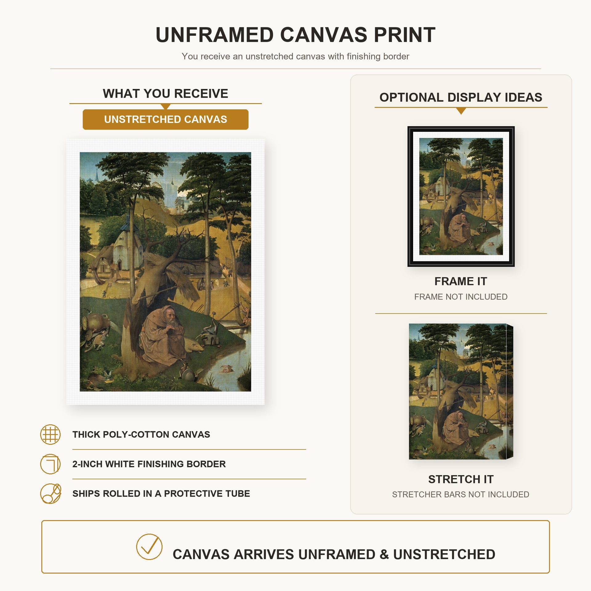 Hieronymus Bosch - The Temptation of Saint Anthony canvas print size comparison and framing display infographic