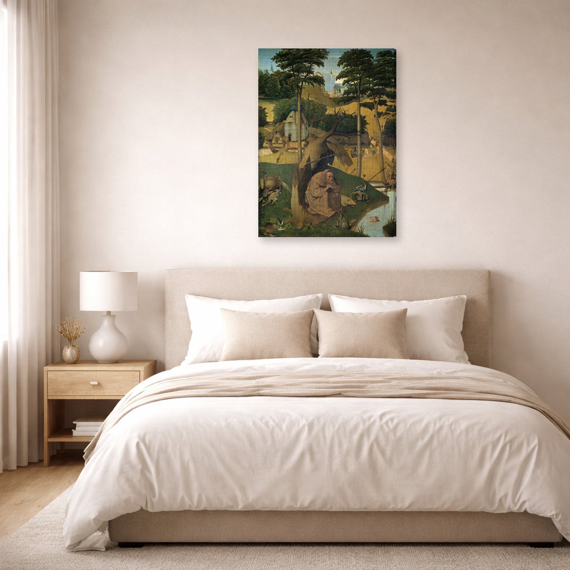 Gallery-wrapped canvas print of Hieronymus Bosch's The Temptation of Saint Anthony displayed on a wall in a bedroom