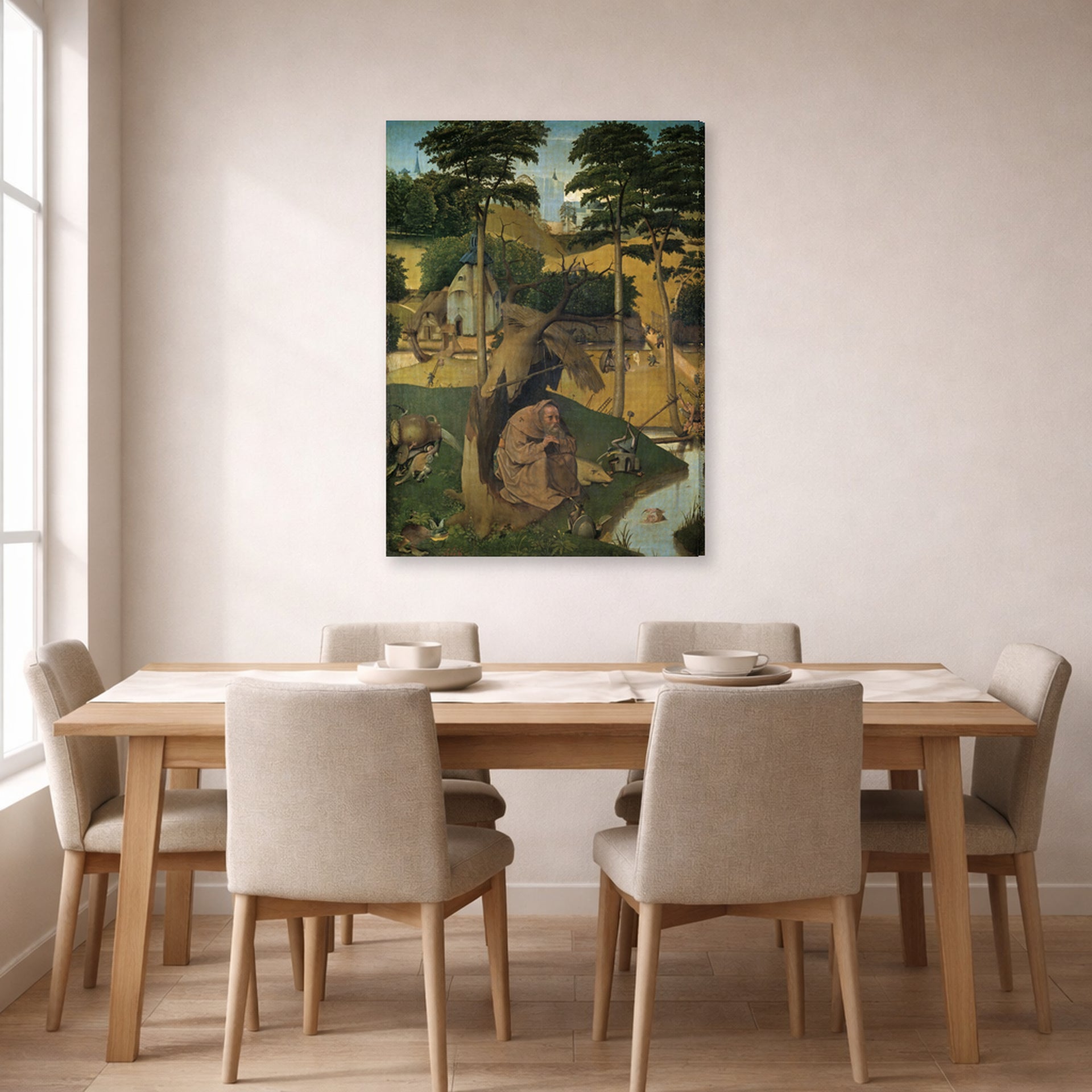 Gallery-wrapped canvas print of Hieronymus Bosch's The Temptation of Saint Anthony displayed on a wall in a dining room