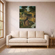 Gallery-wrapped canvas print of Hieronymus Bosch's The Temptation of Saint Anthony displayed on a wall in a living room