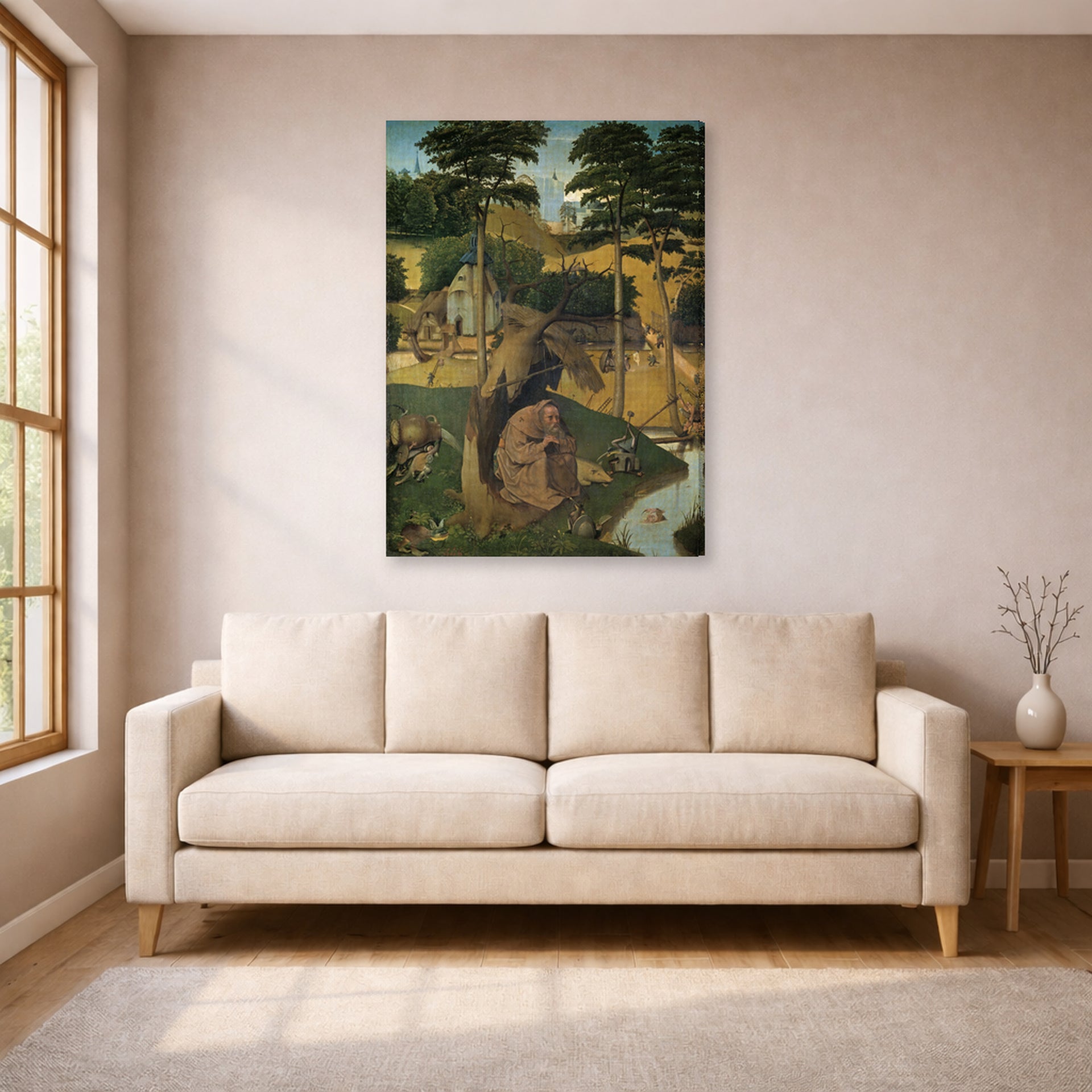 Gallery-wrapped canvas print of Hieronymus Bosch's The Temptation of Saint Anthony displayed on a wall in a living room