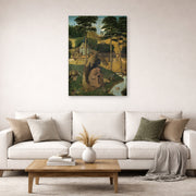 Gallery-wrapped canvas print of Hieronymus Bosch's The Temptation of Saint Anthony displayed on a wall in a living room