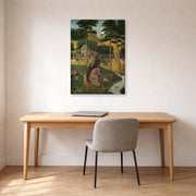 Gallery-wrapped canvas print of Hieronymus Bosch's The Temptation of Saint Anthony displayed on a wall in a office