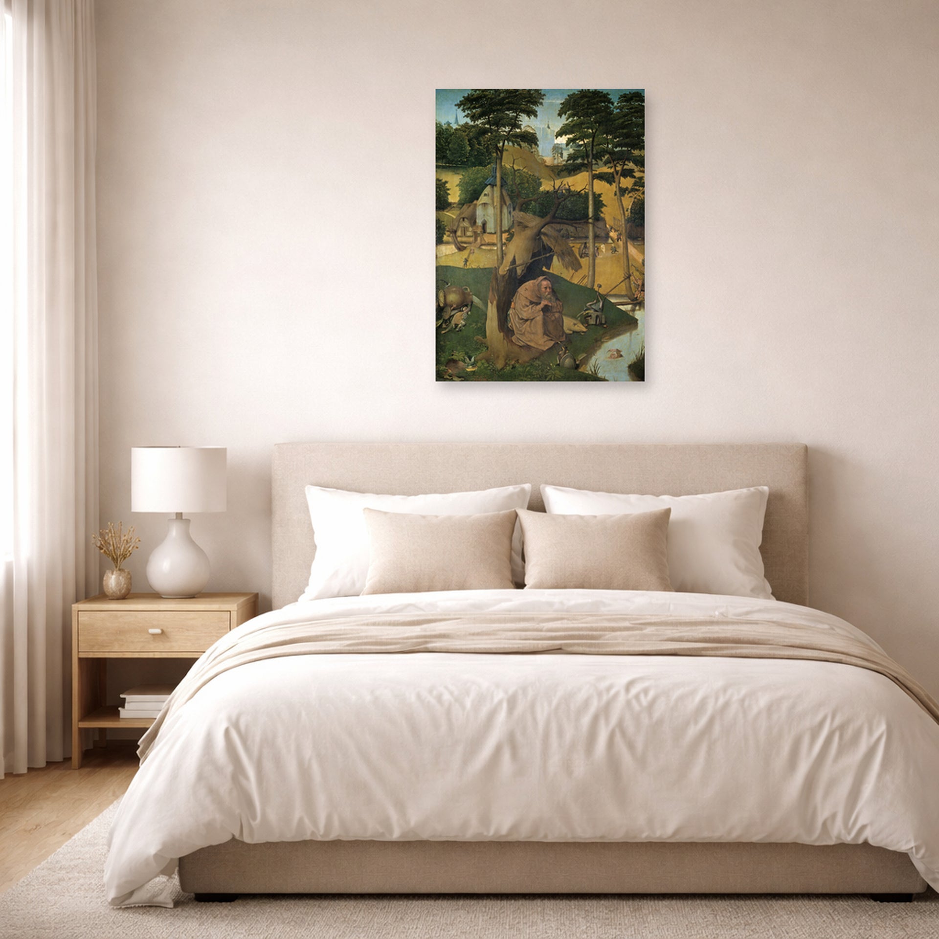 Unframed poster print of Hieronymus Bosch's The Temptation of Saint Anthony displayed on a wall in a bedroom