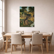 Unframed poster print of Hieronymus Bosch's The Temptation of Saint Anthony displayed on a wall in a dining room