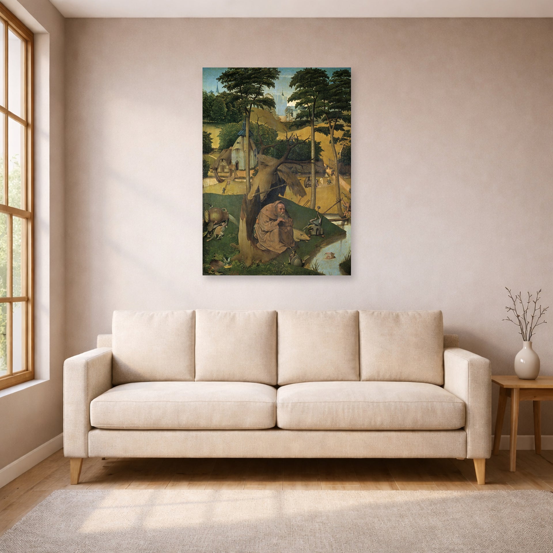 Unframed poster print of Hieronymus Bosch's The Temptation of Saint Anthony displayed on a wall in a living room