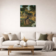 Unframed poster print of Hieronymus Bosch's The Temptation of Saint Anthony displayed on a wall in a living room