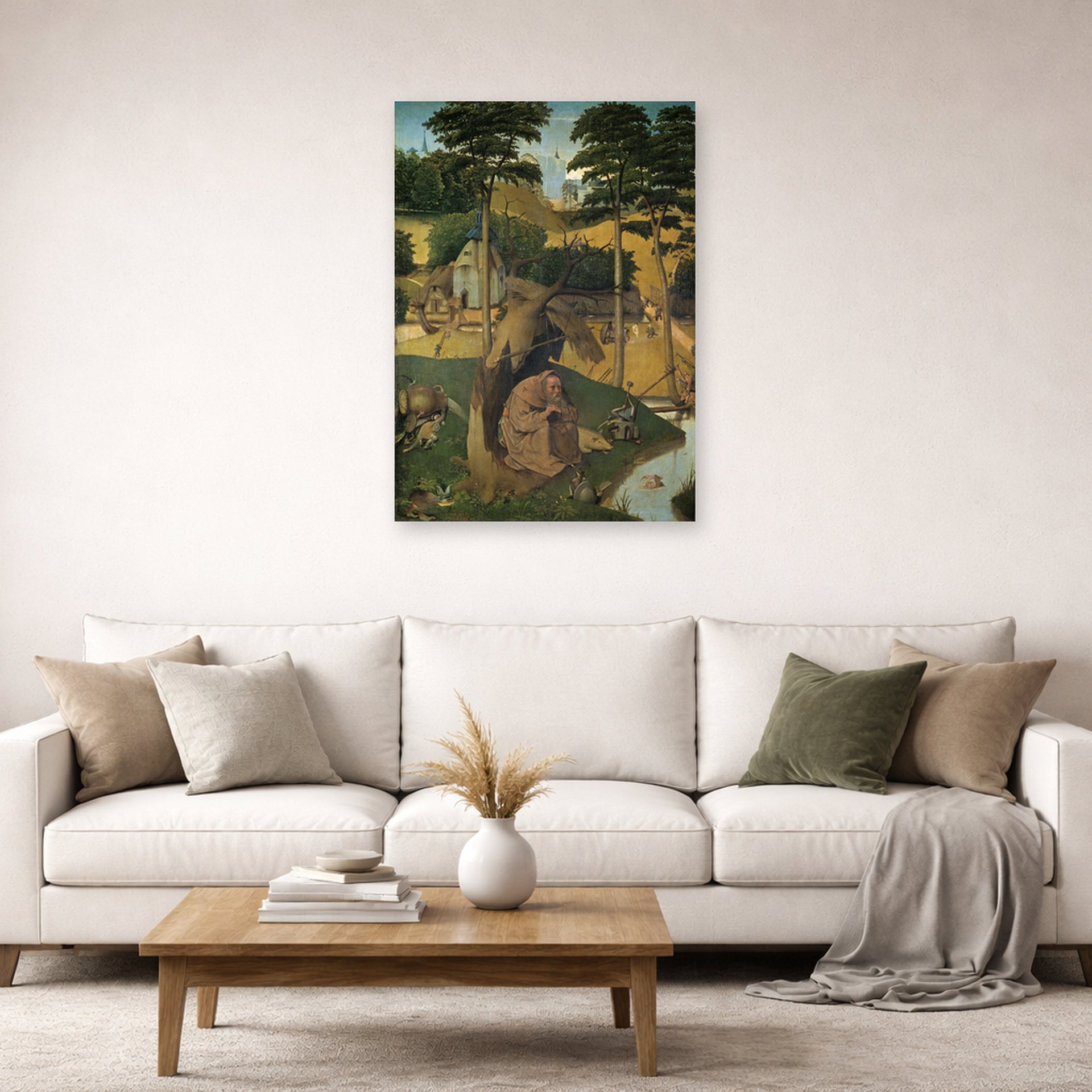 Unframed poster print of Hieronymus Bosch's The Temptation of Saint Anthony displayed on a wall in a living room