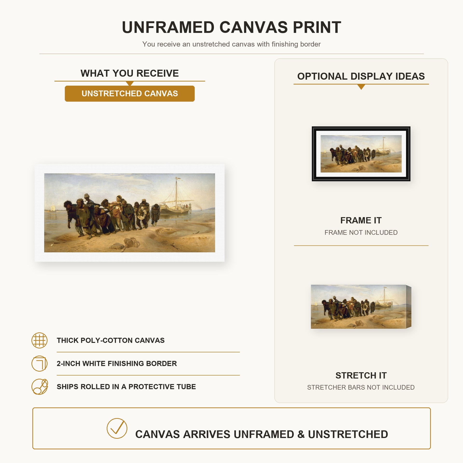 Ilya Repin - Barge Haulers on the Volga canvas print size comparison and framing display infographic