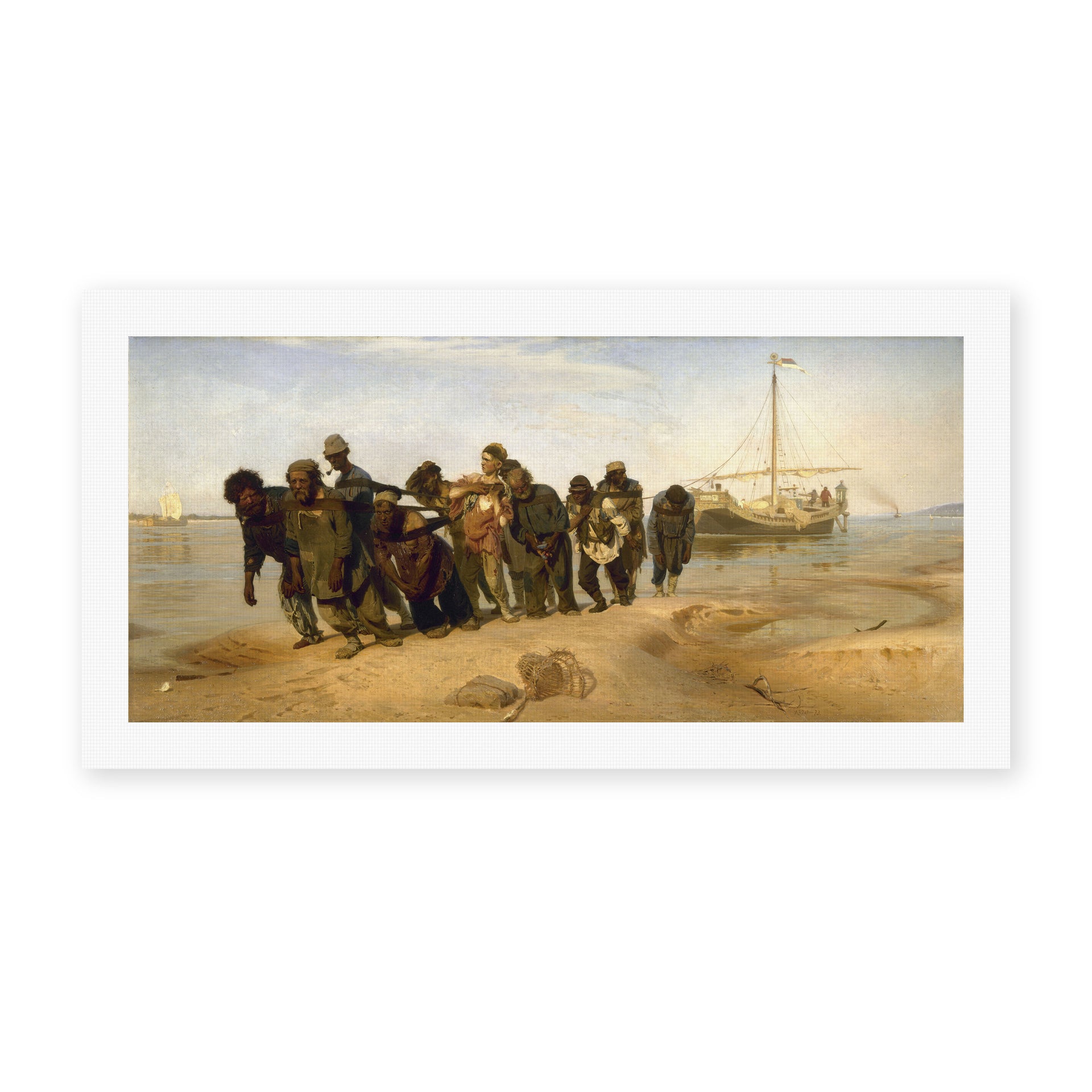 Ilya Repin's 'Barge Haulers on the Volga', depicting eleven laborers hauling a barge along the Volga River, reproduced as a rolled canvas print